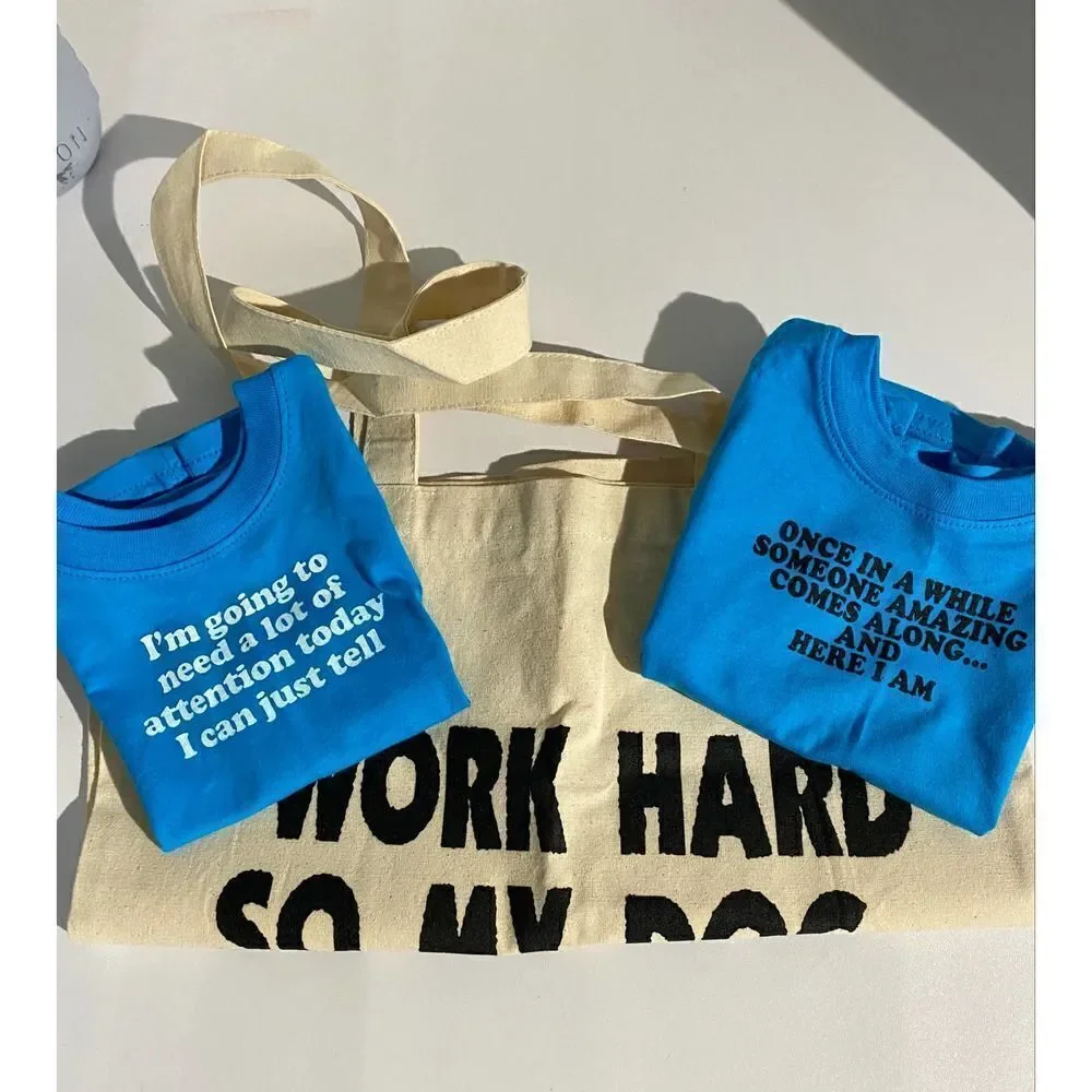 Doggie Apparel-- Two Blue Graphic T-Shirts for Dogs and Graphic Tote Set